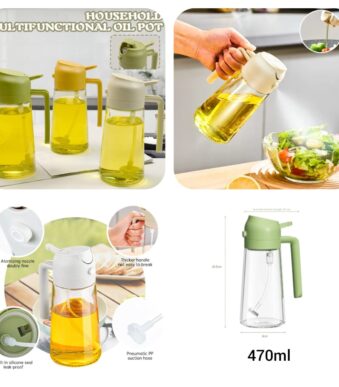 2 in 1 glass cooking oil dispenser bottle & leak proof fine mist sprayer (470ml)
