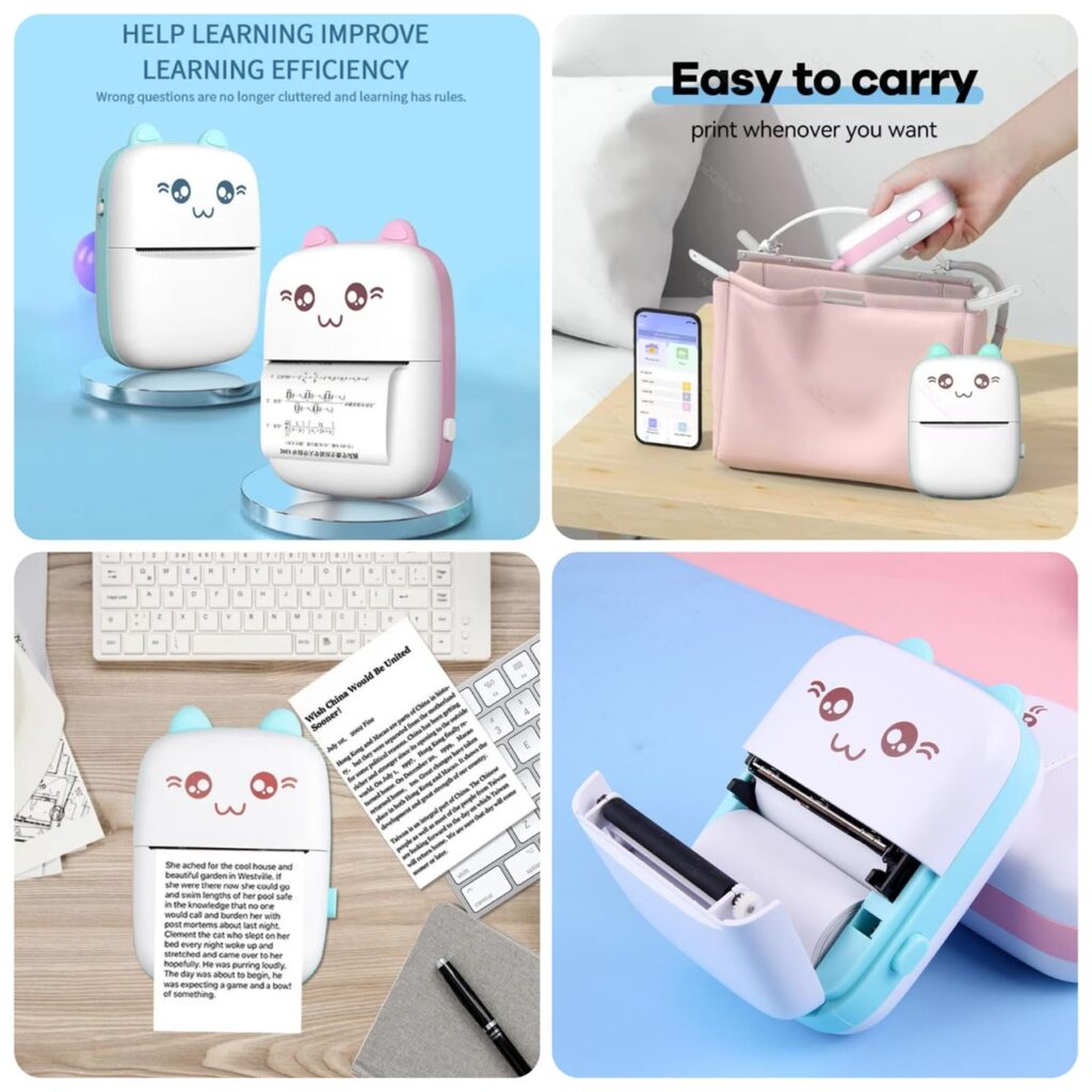 cute cat ear mini portable bluetooth thermal pocket printer for notes, labels & study material