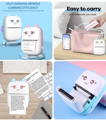 cute cat ear mini portable bluetooth thermal pocket printer for notes, labels & study material