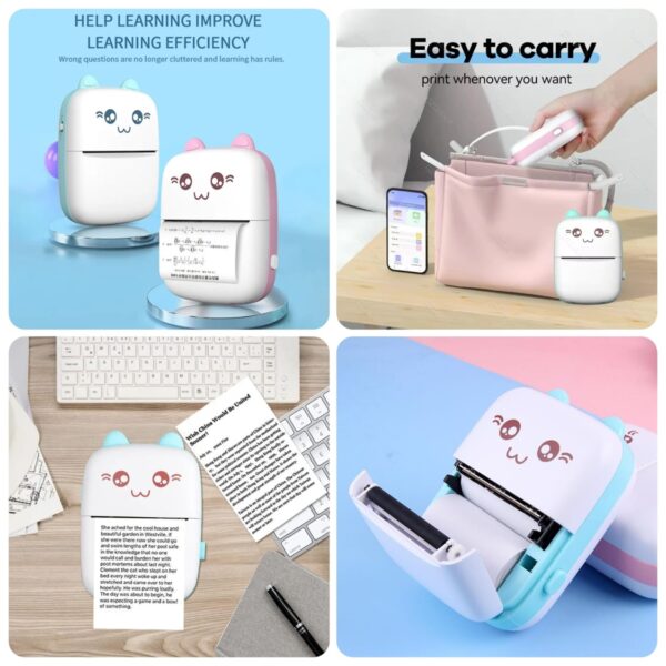 cute cat ear mini portable bluetooth thermal pocket printer for notes, labels & study material