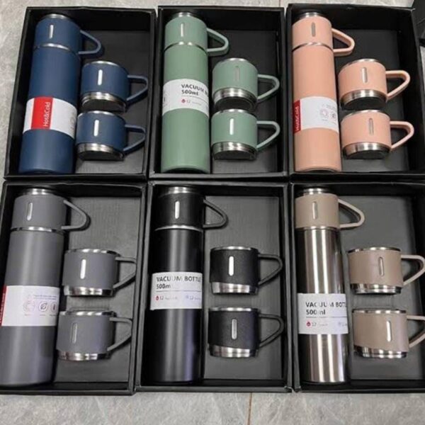 stainless steel vacuum thermos flask gift set with 3 matching travel cups
