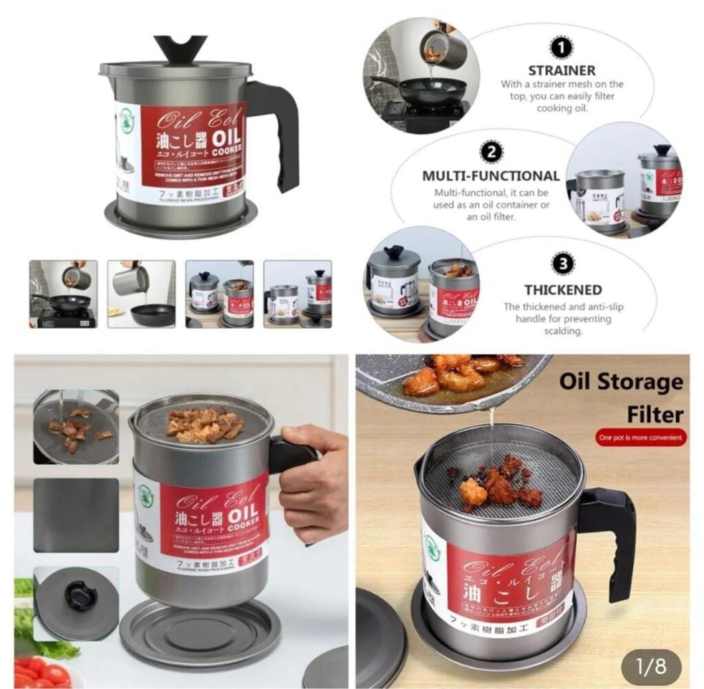 premium stainless steel cooking oil filter pot & strainer container – 2 in 1 reuseable cooking oil storage jar with fine mesh filter and anti slip handle for pakistani kitchens
